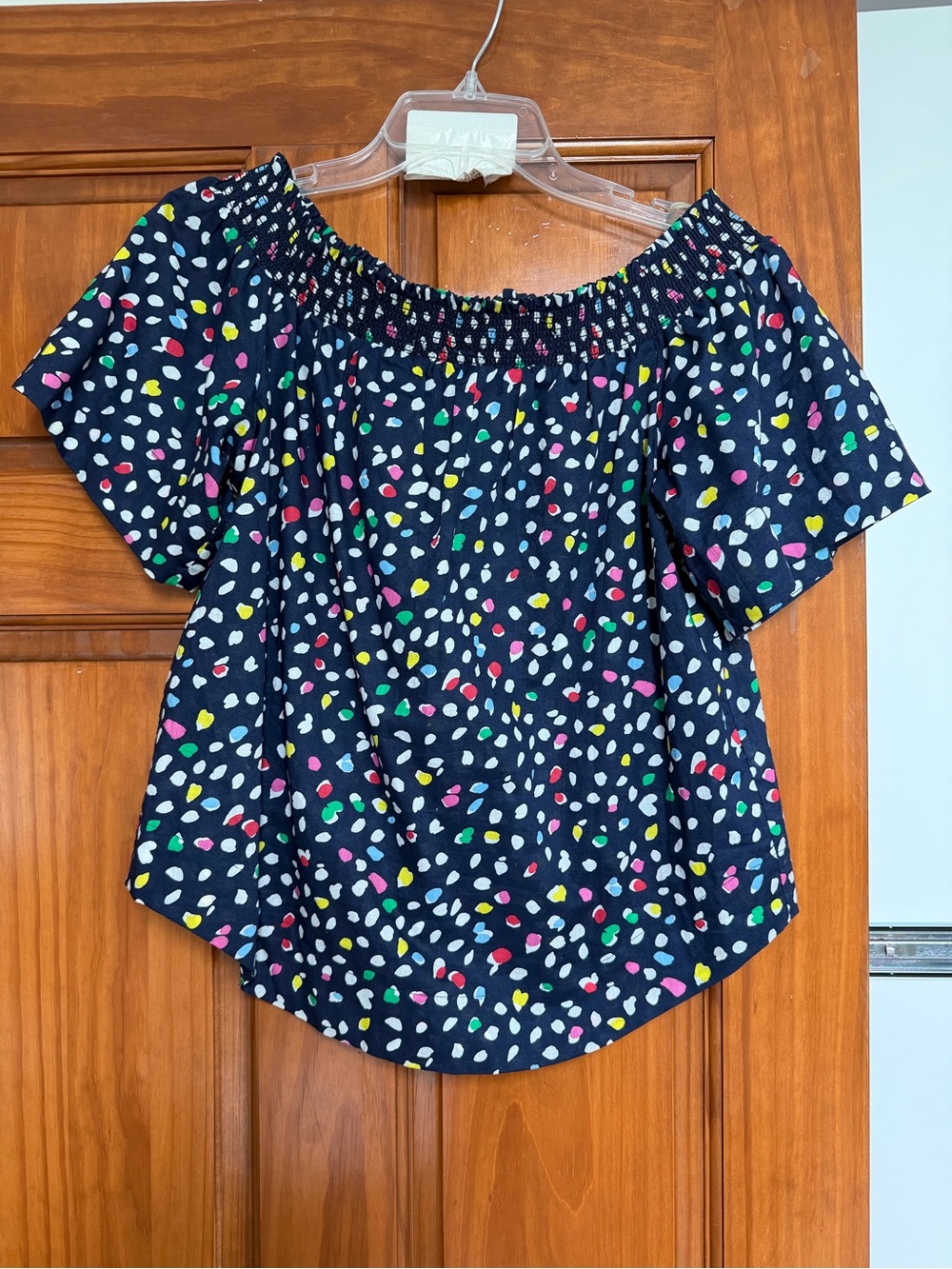 J. Crew Navy Off-Shoulder Smocked Top with Multicolor Confetti Print